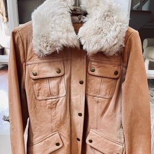 Banana Republic Vintage Tan Leather Jacket with Shearling Detachable Collar